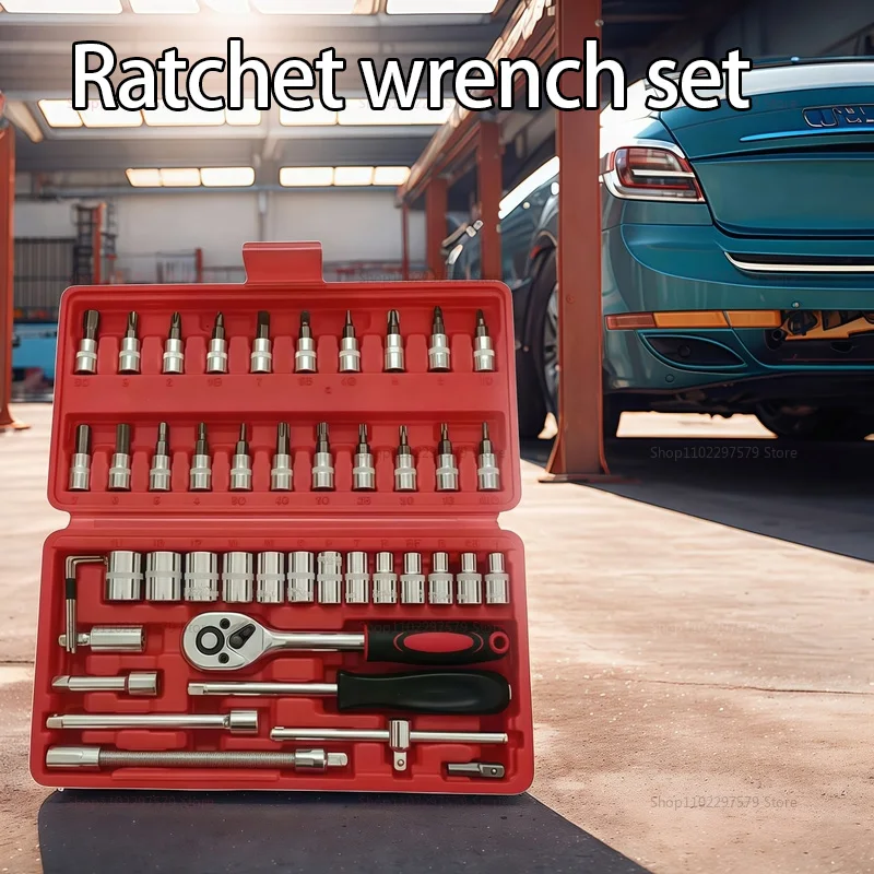 46pcs/Set Socket Wrench Diy Repair Tool Kit Ratchet Screwdriver for Car Repair Hardware Toolbox for Auto Repairing and Household