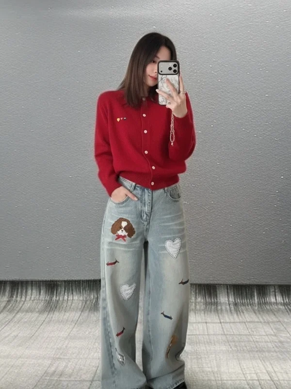 

Весенние модные джинсы с высокой талией и широкими штанинами, с вышивкой в виде собачки, свободного кроя, визуально стройнящие, повседневные, с множеством карманов, водоотталкивающие