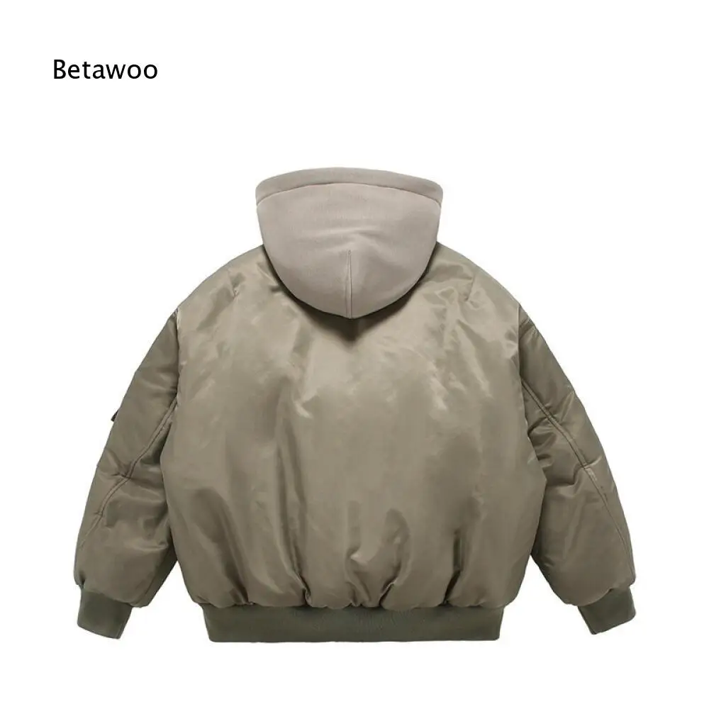 Winter Padded Bomber Outerwear For Men Fake Two Piece Hooded Design Full Zip Rib Cuff Hem Daily Casual Outer Jacket