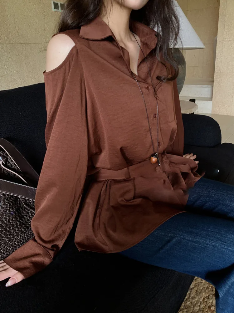 

LIMO Elegant Off-Shoulder Long Sleeve Shirt-Asymmetric Tie Waist Slim Fit Blouse,Solid Color Casual Chic Top,Women's Fashion Fit