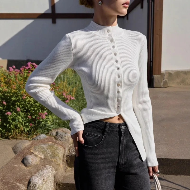 

Women Long Sleeve Buttons Sweaters Solid Color Female Ribbed Knitwear Stand Collar Slim Knitted Tops Single-breasted Cardigan
