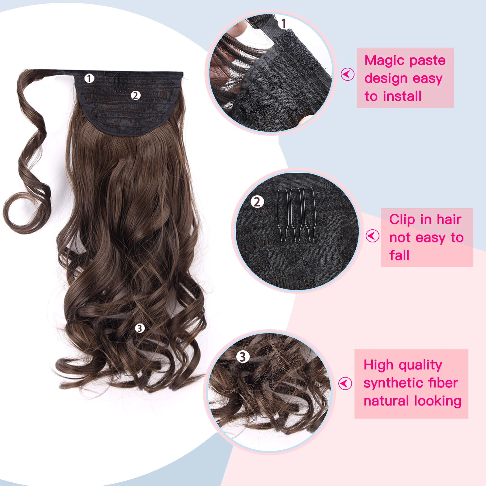 Amir Synthetic Long Wave Ponytail Wrap Around Ponytail Clip in Hair Extensions Natural Hairpiece Head wear Brown Gray Hair