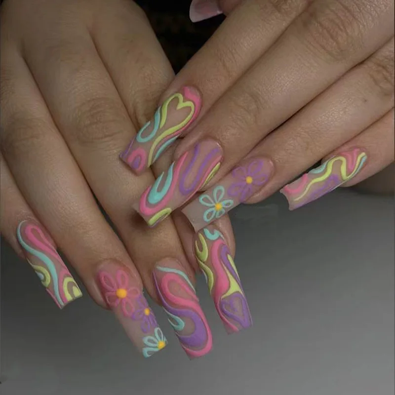 24Pcs Multicolored Line Flower Design False Nails Long Coffin Fake Nails Press on Wearable Ballet Full Cover Nail Tips Manicure