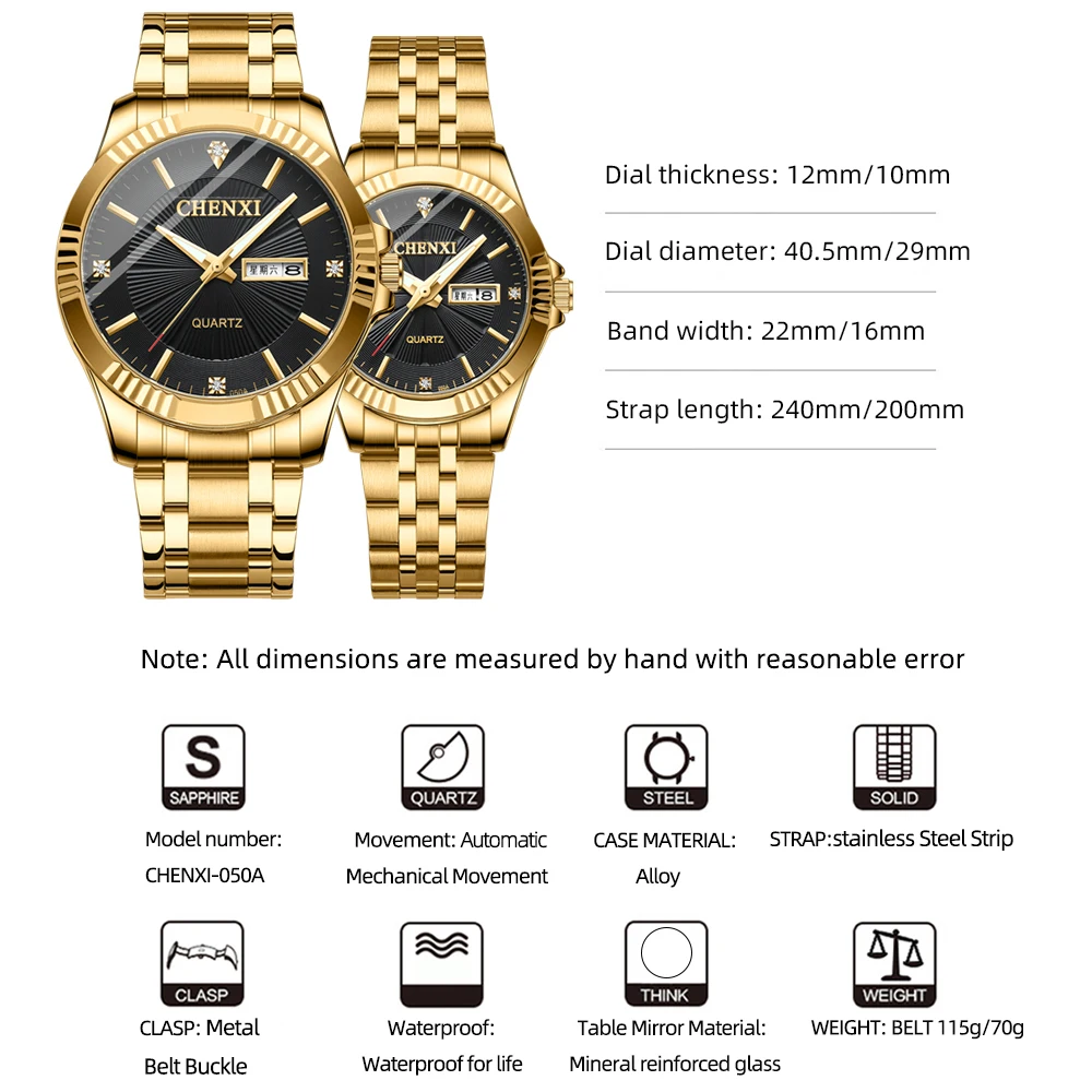 CHENXI Mens Womens Watches Classic Stainless Steel Quartz Watch  Fashion Luxury Golden Men Waterproof Business Wristwatch