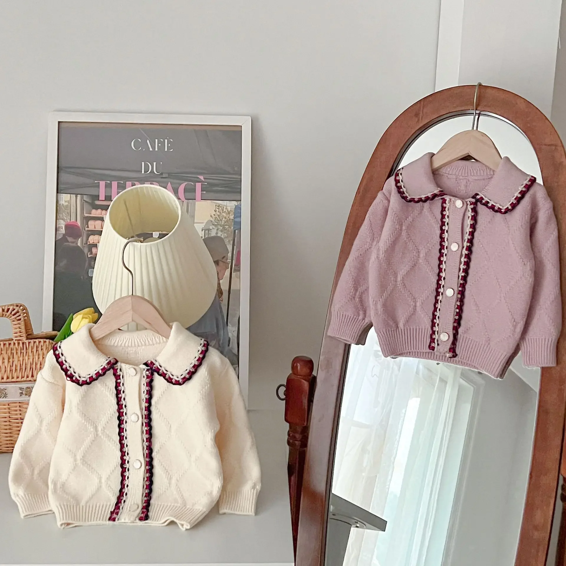 Sweaters Autumn New Girls Woolen Yarn Cardigan Koearn Knitting Thread Baby Button Single Row Plaid Turn Down Collar