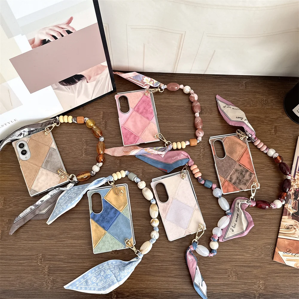 Vintage Patchwork Rhombus Leather Phone Case For Samsung Galaxy Z Fold 8 Elegant Beads Silk Scarf Protective Foldable Cover