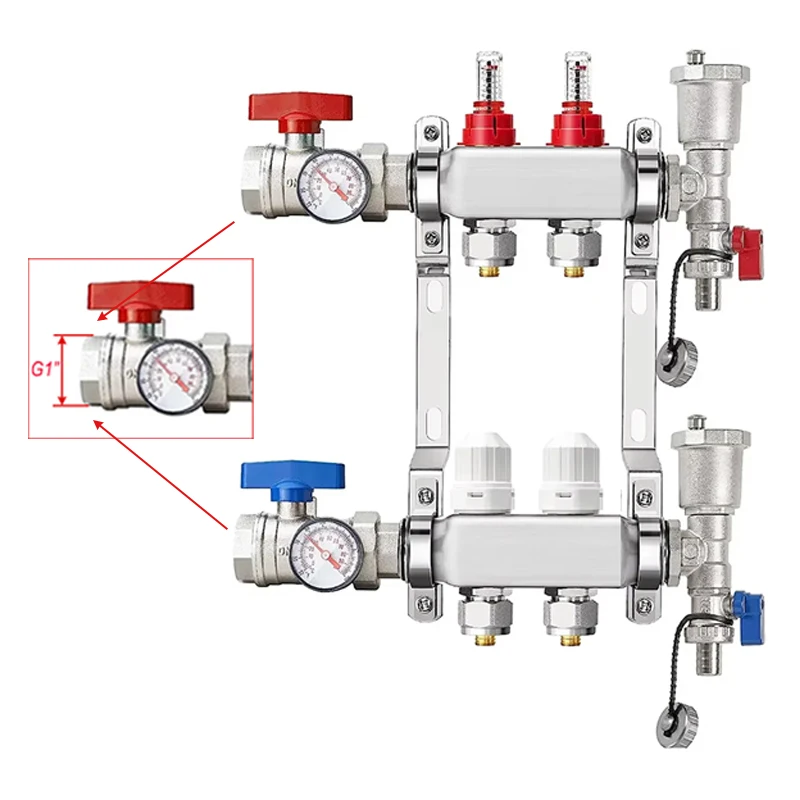 

Комплект горячего коллектора для пола из нержавеющей стали, включая латунные переходники диаметром 3/4 дюйма * диаметром 16 мм и 3/4 дюйма * диаметром 20 мм для гидравлического излучающего отопления.