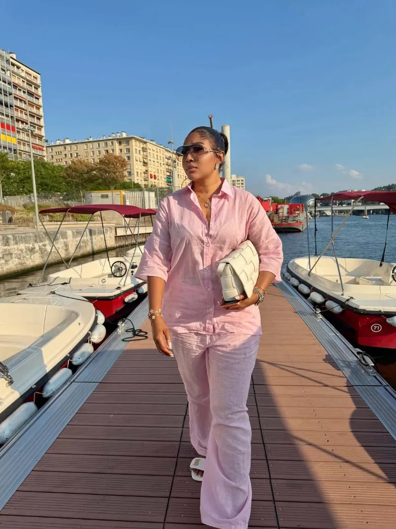 Damen Plus Size 2-Teiliges Outfit Einfarbig Rosa 3/4-Armel-Shirt Weite Hose Set Afrikanisch Lässig Elegant Damen Zweiteiliger Trainingsanzug – Detail 5