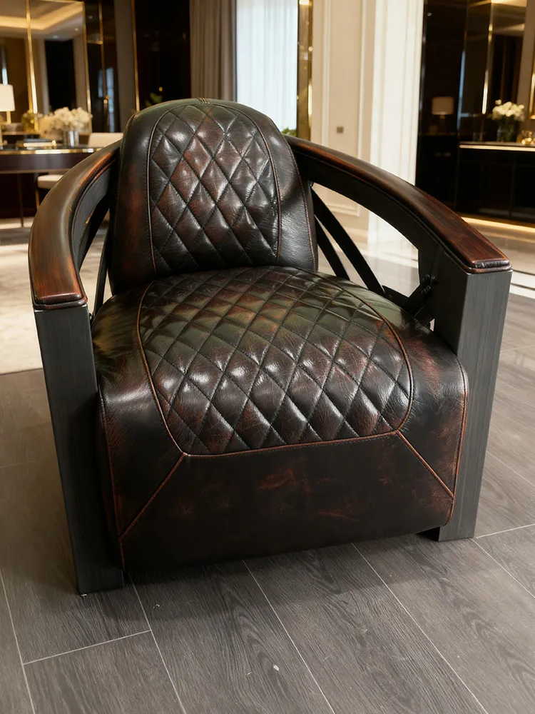 Mid-century Luxury Sofa Chair Vintage Oil-waxed Leather Single-seater Villa Chaise Lounge Casual Living Room Bar Cigar