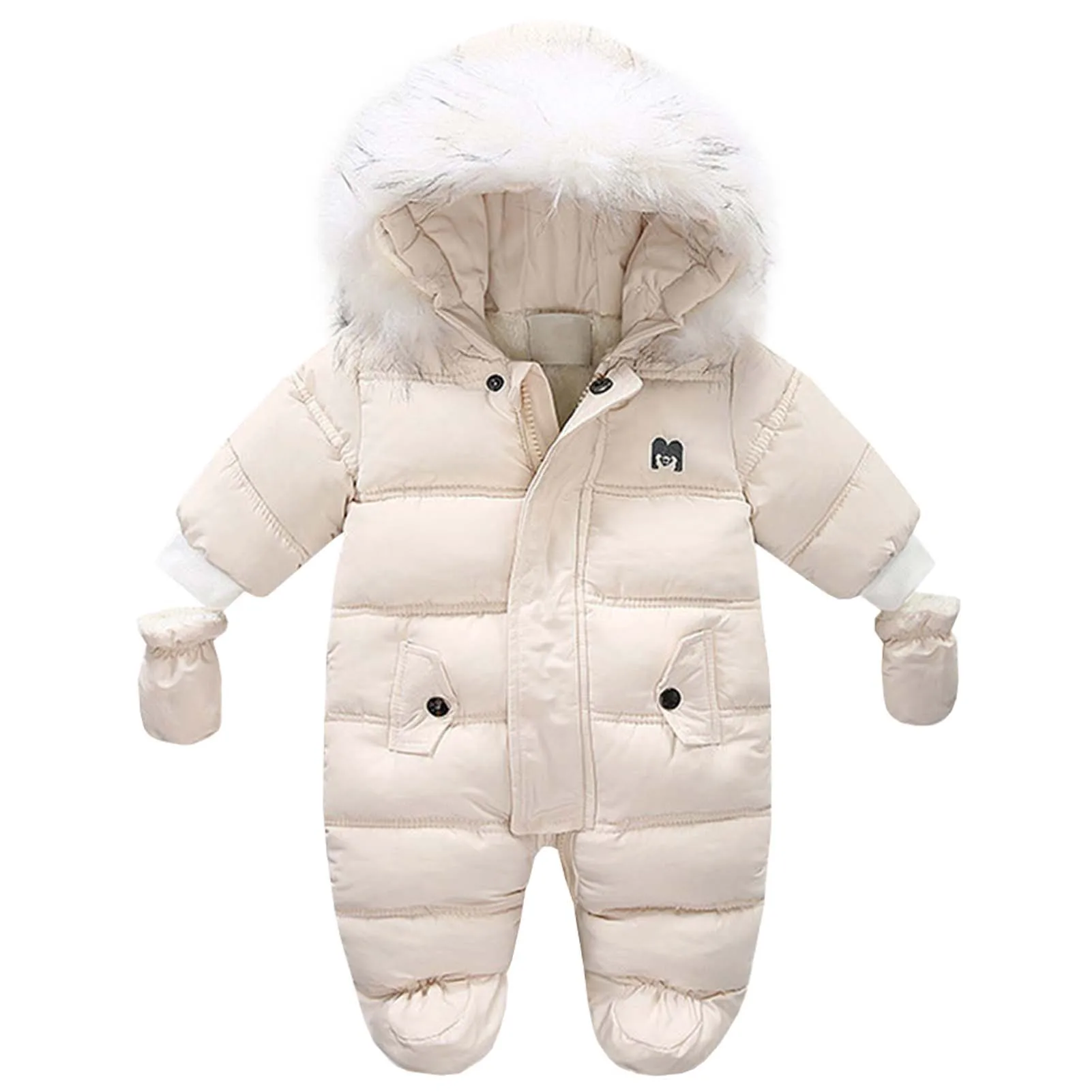 Babies Winter Snowsuit,Kids Fleece Rompers,Warm Fur Hooded Footie Skisuits,Toddlers Down Coat with Gloves,Boys Girls Jumpsuits