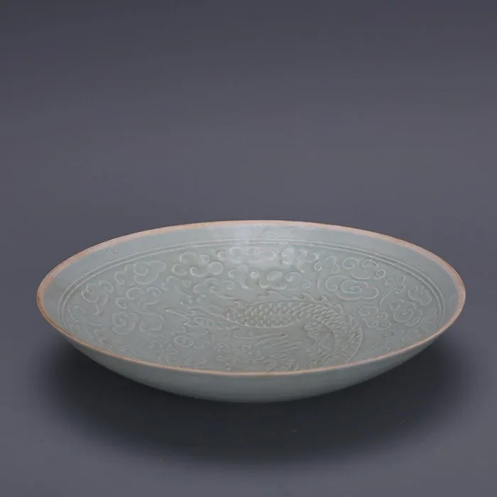 8.26 inch Chinese Song Ding Kiln Celadon Porcelain Carved Dragon Design Bowl