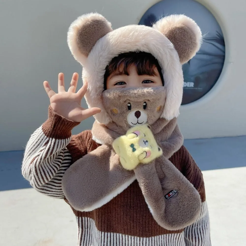 

Сплошной цвет, шляпа с медведем, модный дизайн с маской и шарфом, детская флисовая шапка, мультяшная шляпа в корейском стиле с шарфом, защита лица