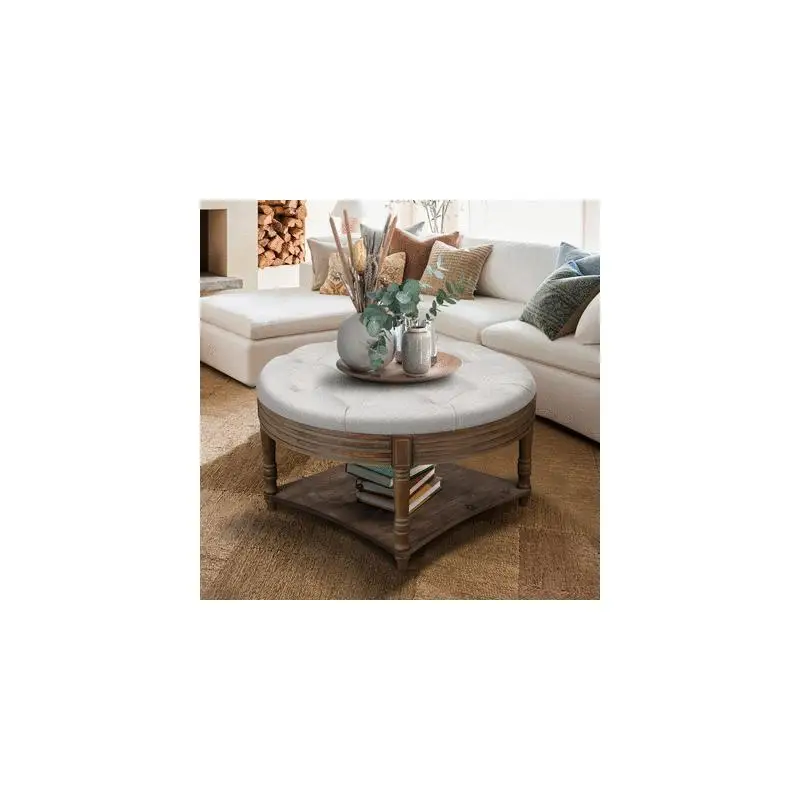 

Large Round Waterproof Ottoman Coffee Table 2-Tier Oversized Button Tufted Upholstered Ottoman with Wooden Shelf Storage for