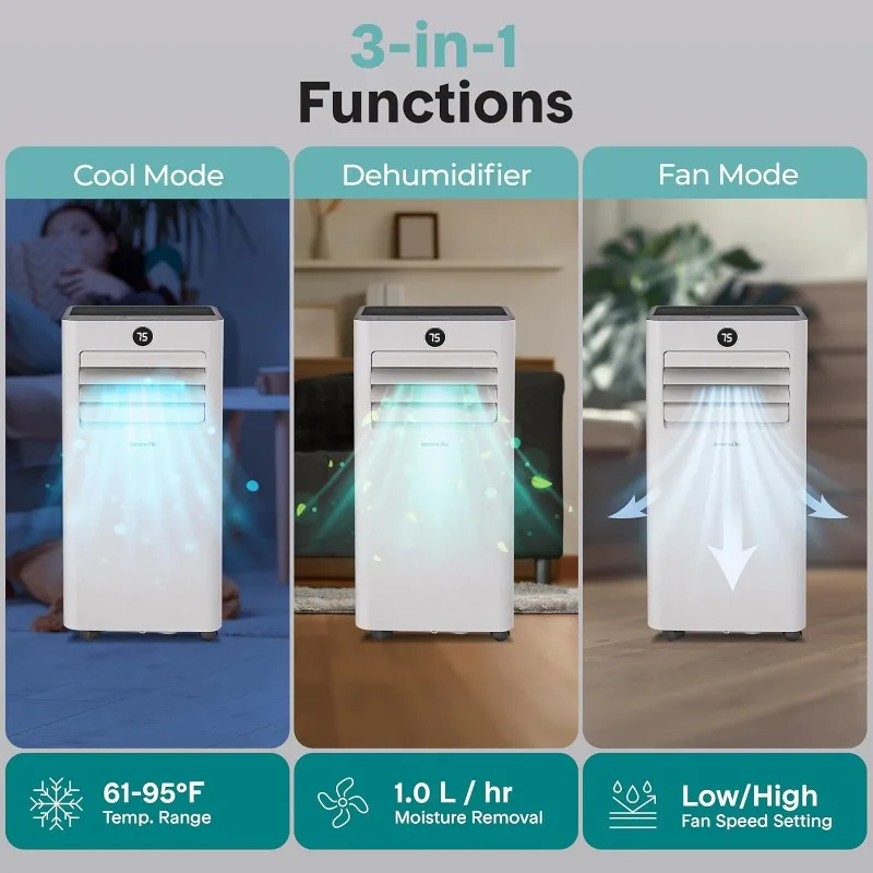 8000 BTU Portable Air Conditioner, Small AC Unit with Dehumidifier and Fan, Mini AC Unit with 350 Sq. Ft. Coverage, T