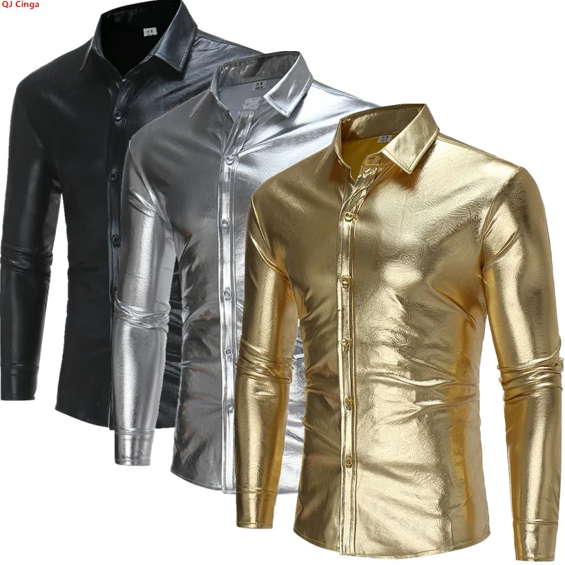 Men's Gold Shining Long Sleeve Shirt, Stage Performance Costume, Fashion Casual Shirts,European Size S-XL,Silver Black Available