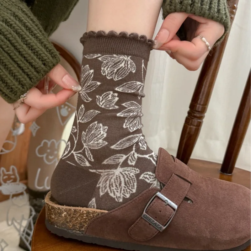 1Pair Retro Floral Socks Early Autumn Ankle Woman Socks Beautiful Flowered Pattern Cotton Breathable Comfortable