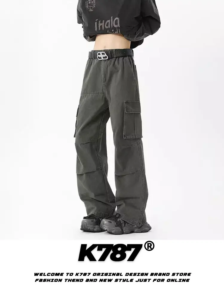 

K787 American Retro Waed Hip Hop Workwear Casual Pants High Waist Pure Color Straight Leg Pants ex Loose Fit Summer Jeans