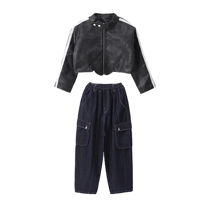 Kinder Kpop Hip Hop Kleidung Lederjacke Top Streetwear Denim Hosen für Mädchen Jazz Dance Kostüm Kleidung