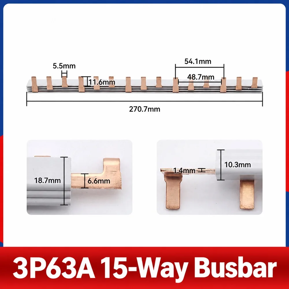 1Pcs 63A MCB Busbar 4-12 Way Red Copper Circuit Breaker Busbar PVC Flame Retardant 18/36mm Phase Spacing Copper Bus Bar