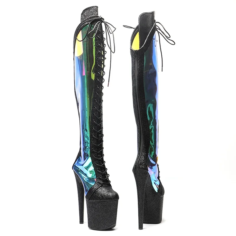 Leecabe  20CM/8inches Glitter  Upper with holography TPU  Trend fashion  High Heel platform Boots Pole Dance boots