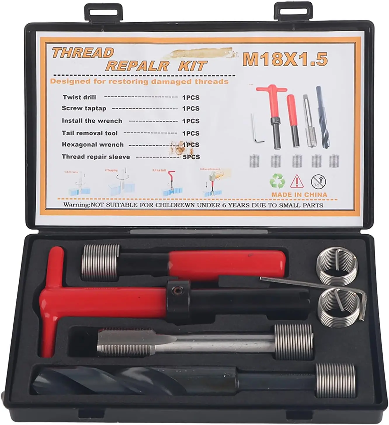 M18x1.5 Thread Repair Kit, 10 Pcs Helicoil Inserts Set with Chaser Tools for Auto Repair