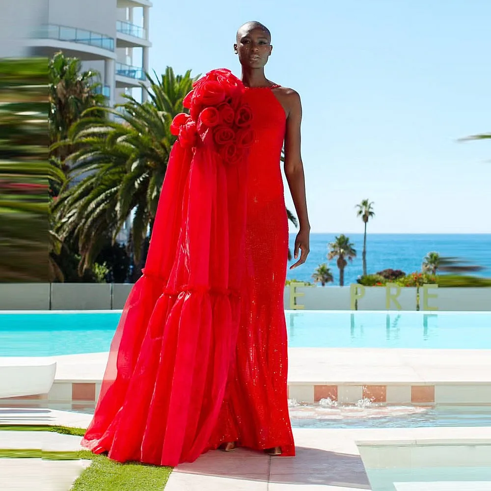빨간색 루즈핏 여성 파티 드레스 섹시한 핸드메이드 꽃 장식 원숄더 블랙 걸즈 셀럽 생일 드레스 정장 가운
