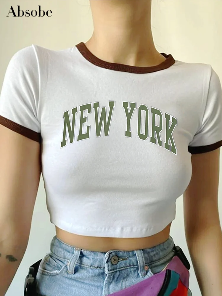 

Absobe New York Letter Print Tee Women Contrast Patchwork Crew Short Sleeve Slim Versatile T-shirt Hottie Fashion Top Streetwear