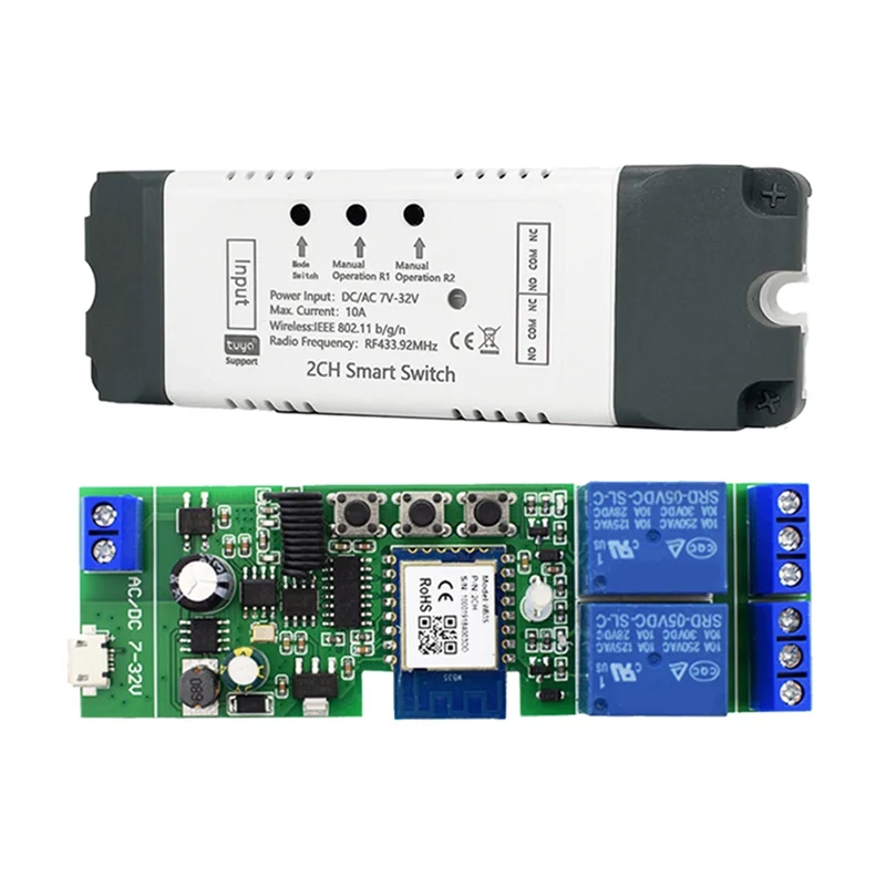 Módulo de relé de interruptor WiFi inteligente Tuya, 2 canales, CA/CC, 7-32V, RF/aplicación, Control remoto inalámbrico, hogar inteligente para Alexa y Google Home