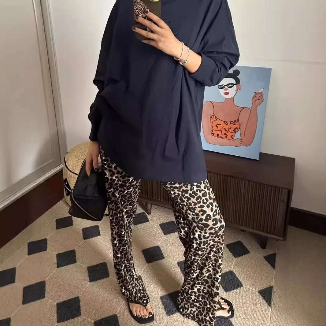 Stylish Low-rise Thin Trousers Lace Pendant Leopard Print Straight Casual Wide-leg Trousers 2025
