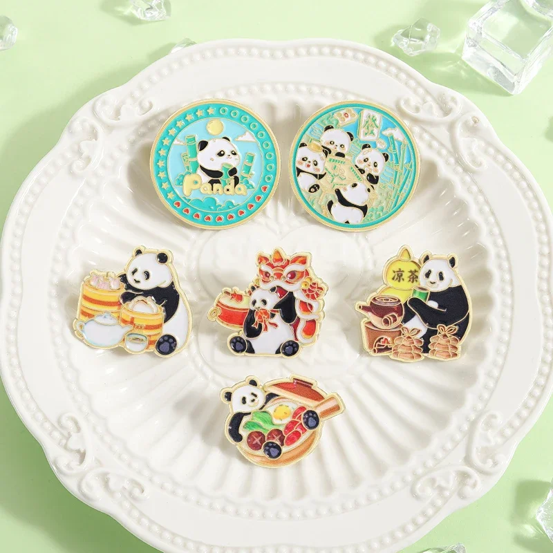 Panda Hot Pot Mahjong Lion Dance Enamel Pins Collect Cartoon Cute Panda Brooches Backpack Lapel Badge Jewelry Gifts Friends