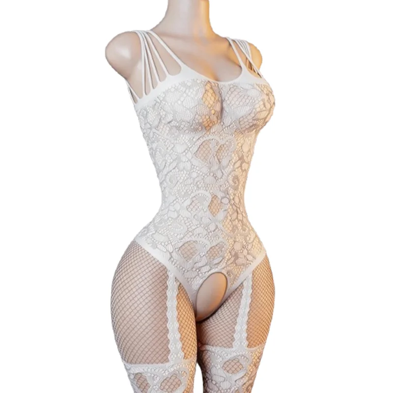 1 Women's sheer white lace bodysuit featuring floral prints and cut-out details—elegant and sexy lingerie.