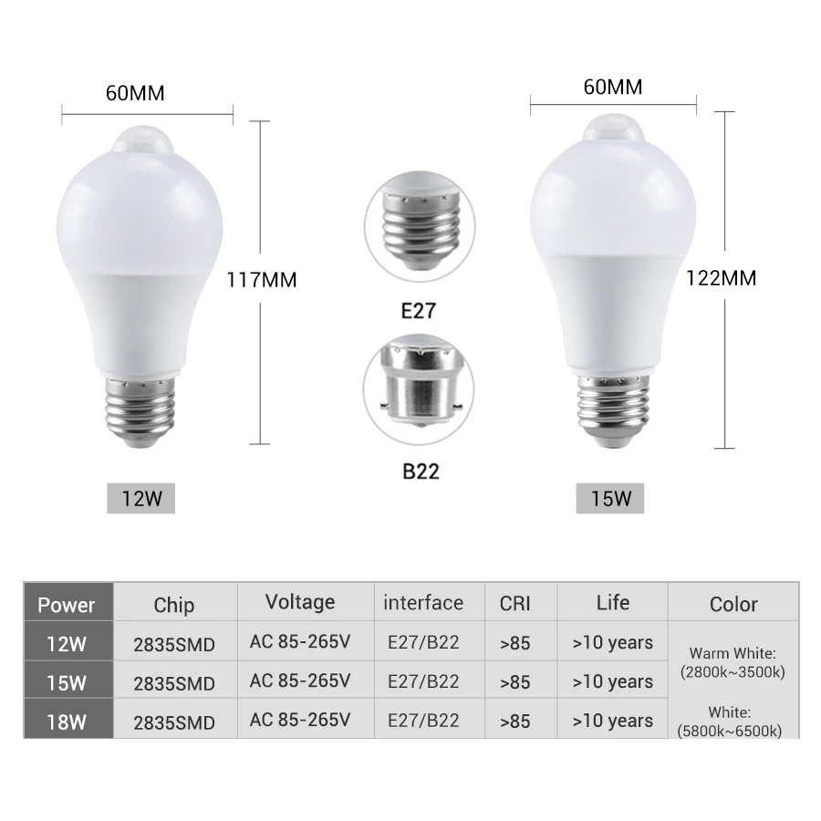 モーションセンサー付きインテリジェントLED電球,Pir e27 b22,110v,220v,白色常夜灯,家,リビングルーム,廊下,ガレージ,12W,15W,18W