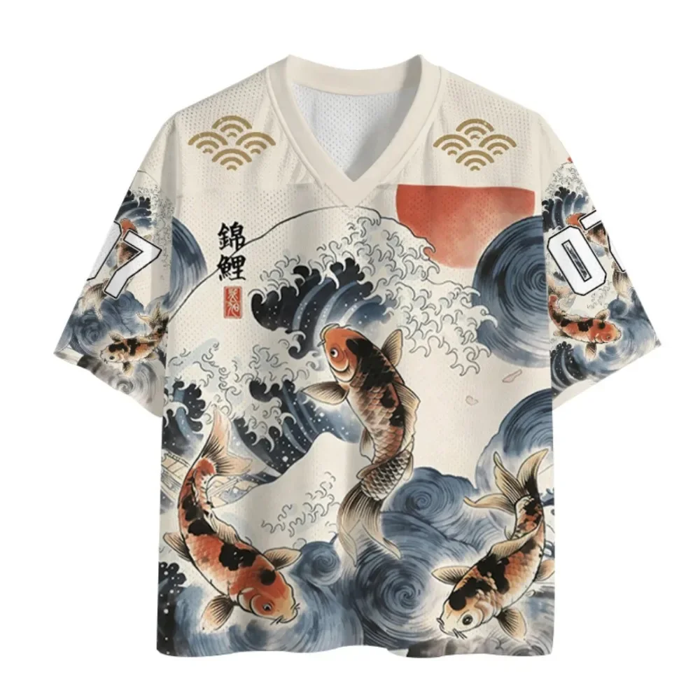 Japanese-style Ukiyo-e Koi Fish Ocean Wave 3D Print Breathable Men's Large-size V-neck T-shirt Outdoor Casual Trendy Family Wear