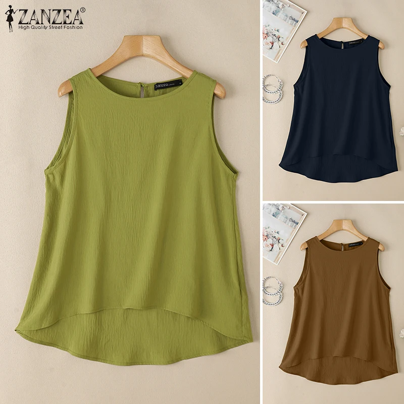 2026 ZANZEA Sommer Solide Tanktops Vintage Camis Damen Ärmellose Bluse Unregelmäßiger Saum T-Shirts Stylisches Lässiges Strand-Urlaubsshirt