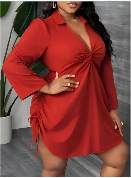 Damenkleid in Übergröße mit Kragen, Twist-Vorderseite, langen Ärmeln, seitlichem Kordelzug, gerafftem Saum, V-Ausschnitt, lässiges Party-Kurzkleid für kurvige Damen – Detail 5