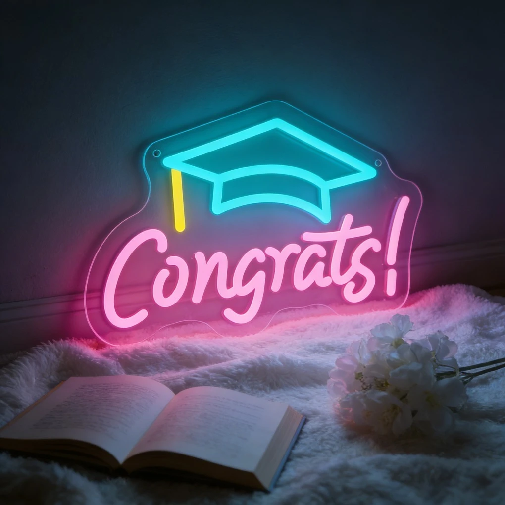 Congrats Graduation Cap LED Neon Sign for Graduation Party Home Decor Bedroom Wall Art Gift Achievement Celebration Lighting