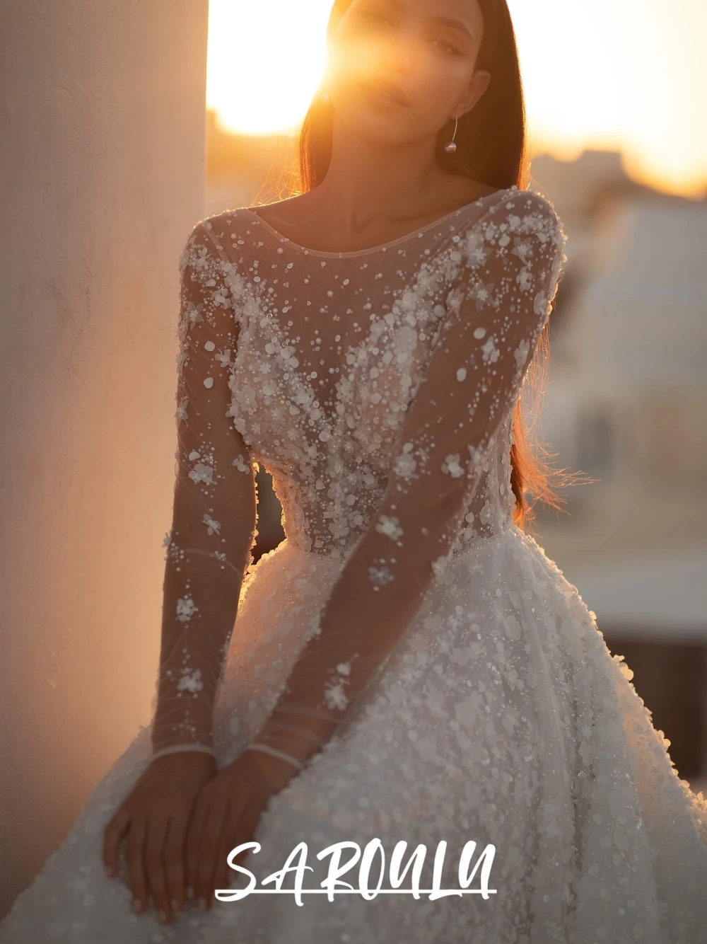 

Low Back Dreamy Sheer Floral Wedding Dress, Sweet Sparkly A Line Bridal Gown, Romantic Pearls Plus Size Customized Bride Wear