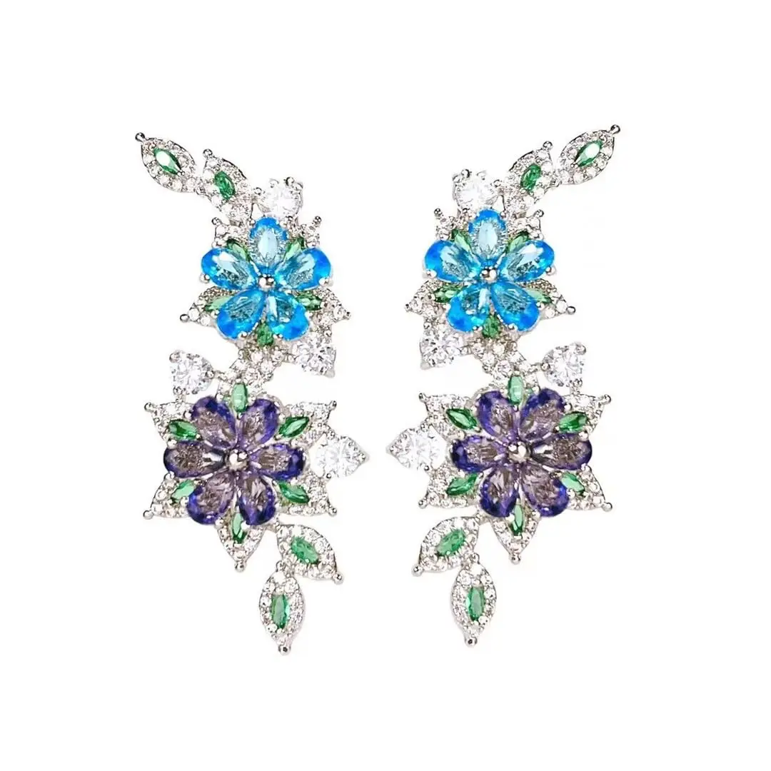 

EVACANDIS Crystal Flower Daisy Blue Purple Colorful Handmade Gemstone Gold Plated Drop Dangle Earrings for Women Wedding Sliver