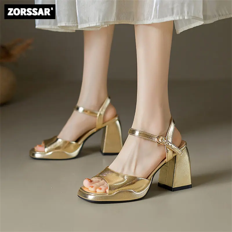 Gold Silver Sandals Woman Summer 2024 New Fish Toe Stiletto Sandals Social Shoes Medium Heel Roman High Heels Party Elegant