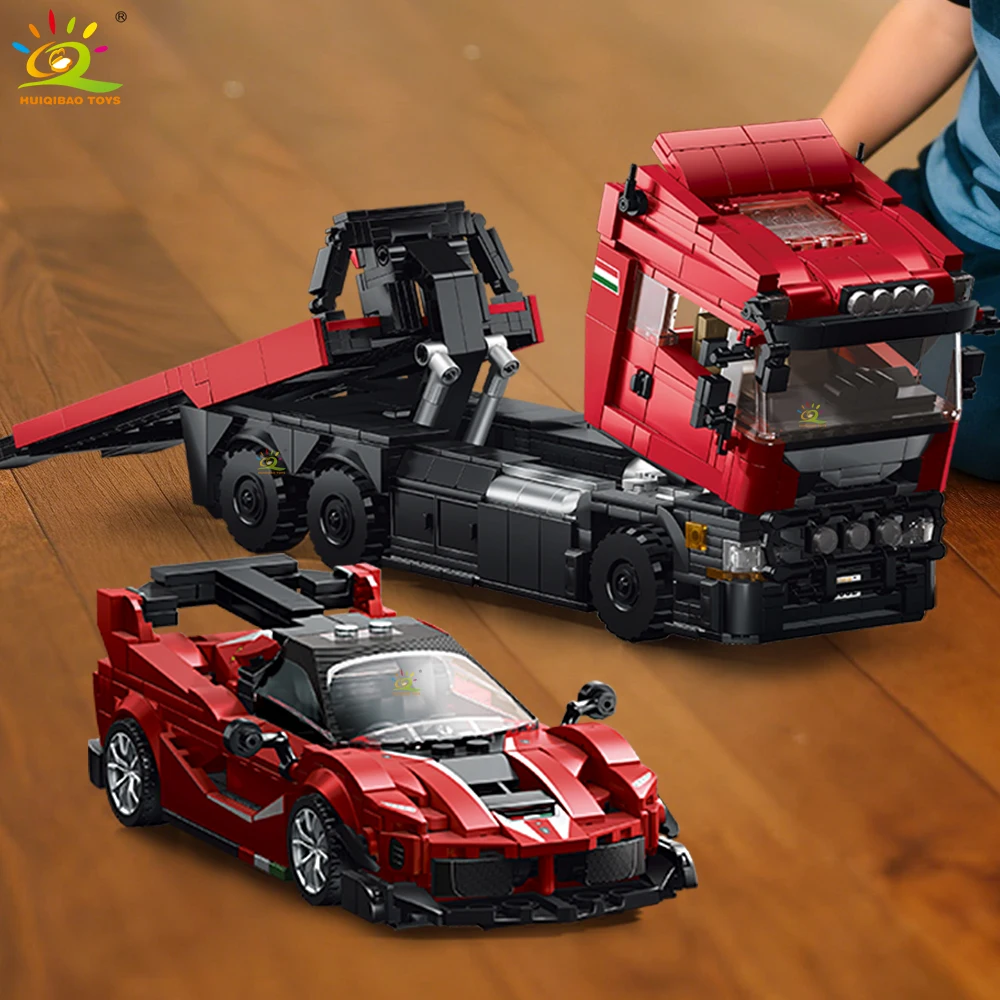 

Конструктор HUIQIBAO 1728 деталей: Модель эвакуатора MOC, городской прицеп, строительные блоки, игрушка для детей, подарок для мальчиков, набор машинок