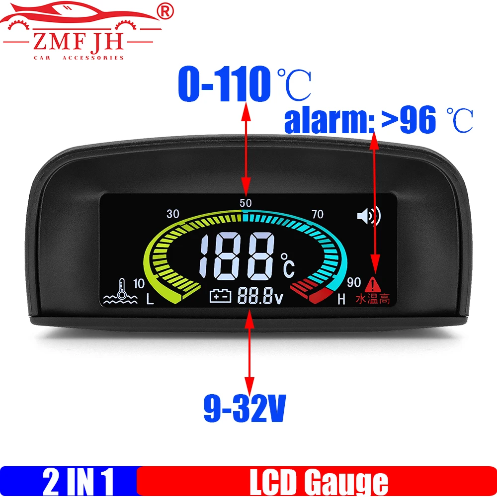 

ZMFJH Универсальный автомобильный цифровой 2 в 1, автомобильный датчик, мигающая сигнализация, датчик температуры воды + напряжение с датчиком 10 мм, 12 В, 24 В