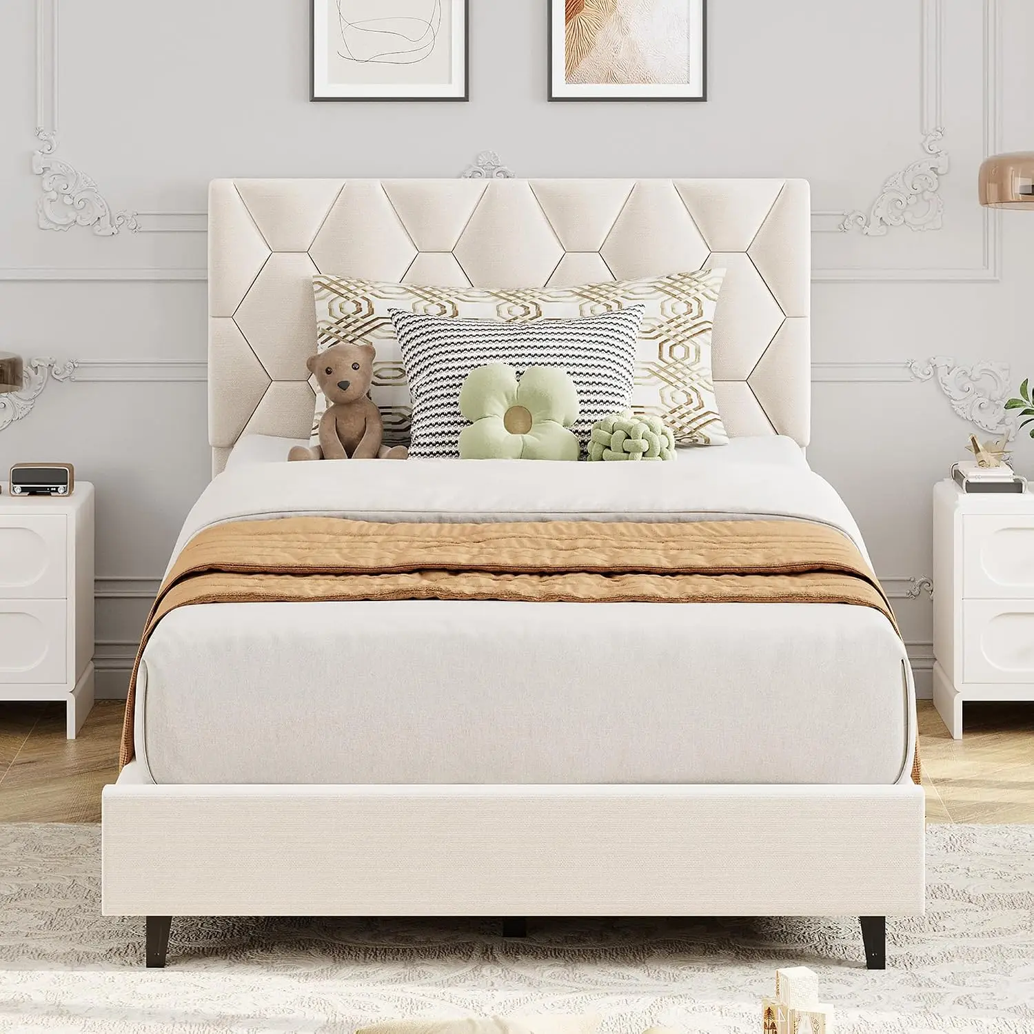 Beige Twin Upholstered Bed Frame, Heavy-Duty Platform Bed , Customized