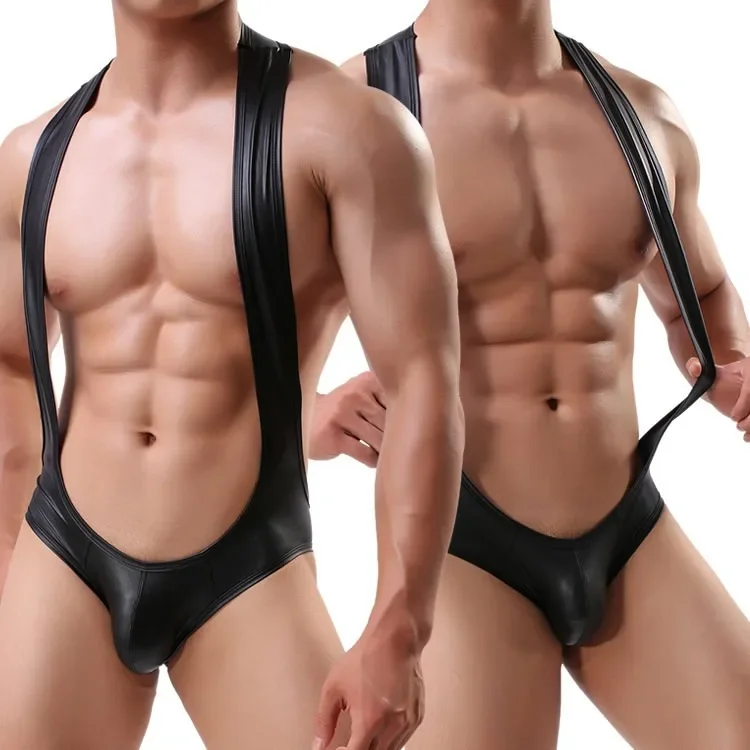 

Men's Faux Leather Jumpsuit Onesie with Exposed Buttocks Gays Sexy Nightclub Game Uniform Underwear Overalls Undershirt Singlets