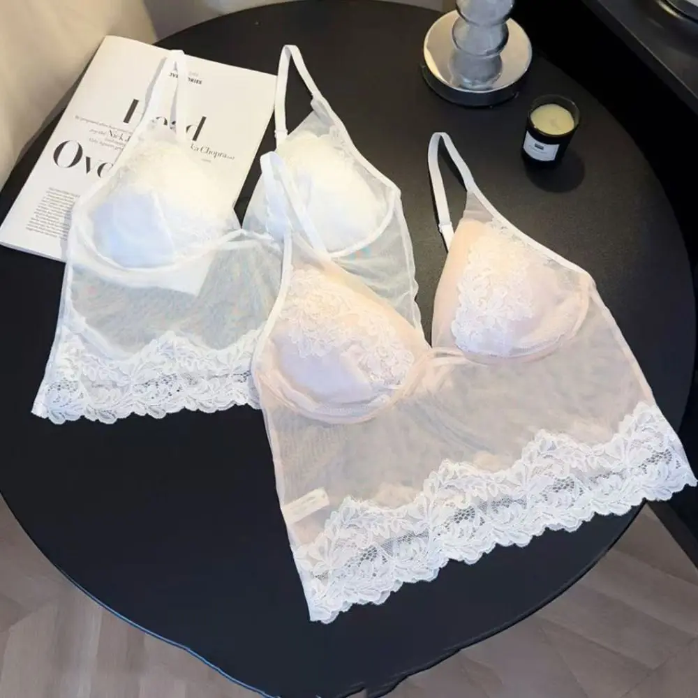 

Fashion Mesh Transparent Sleeveless Crop Top V Neck Seamless Women's Vest Top Undershirts Slim Fit Lace Camisole with Pads Lady
