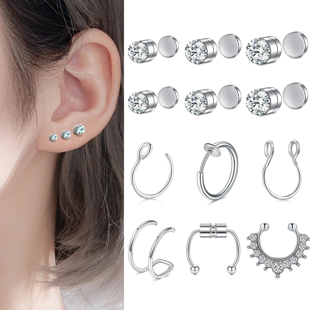 12Pcs/Set Fake Ear Ring Magnetic Studs Faux Non Pierced Ear Ring Ear Cuff No Piercing Magnetic Nose Studs CZ Dia 3/4/5mm