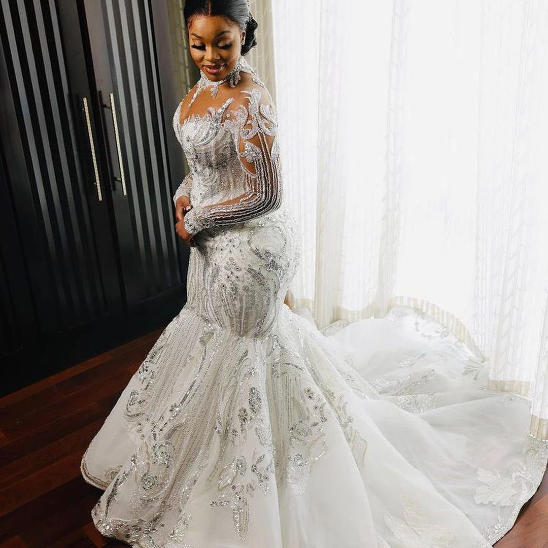 Fairy Luxe Elegante Pailletten Zeemeermin Trouwjurk Hoge Hals Lange Mouw Plus Size Bruidsjurken Crystal Bride Gewaden De Mariée