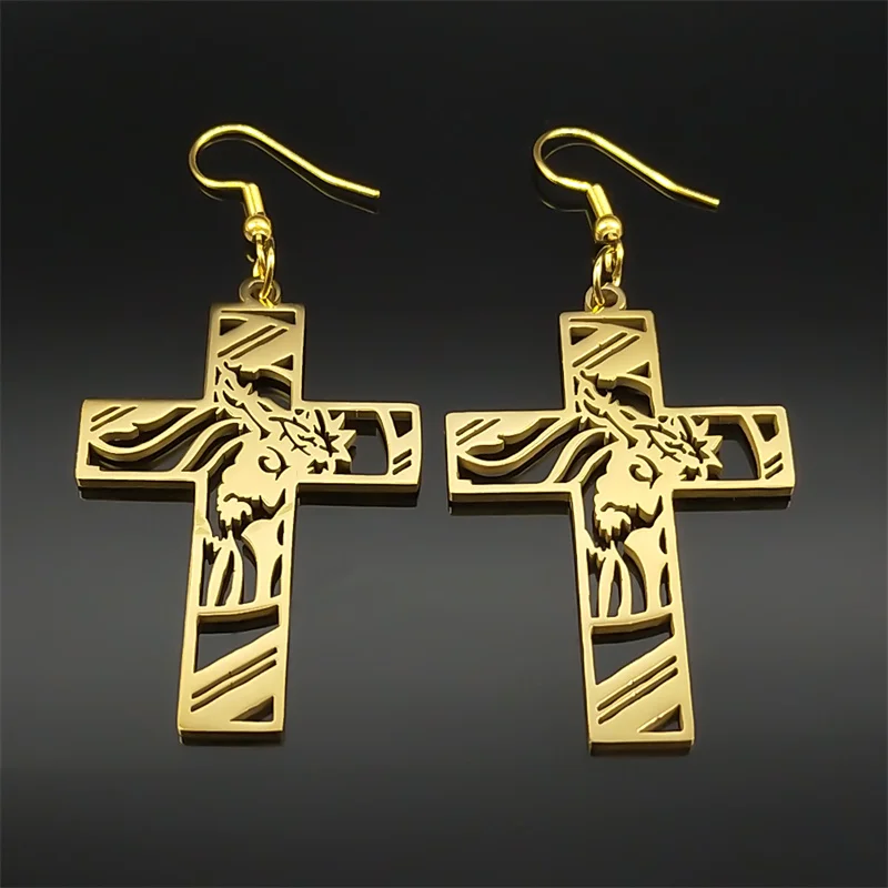 Catholic Cross Crucifix Pendant Earrings for Women Stainless Steel Gold Color Religious Holy Lord Amulet Earring  Jewelry E8245