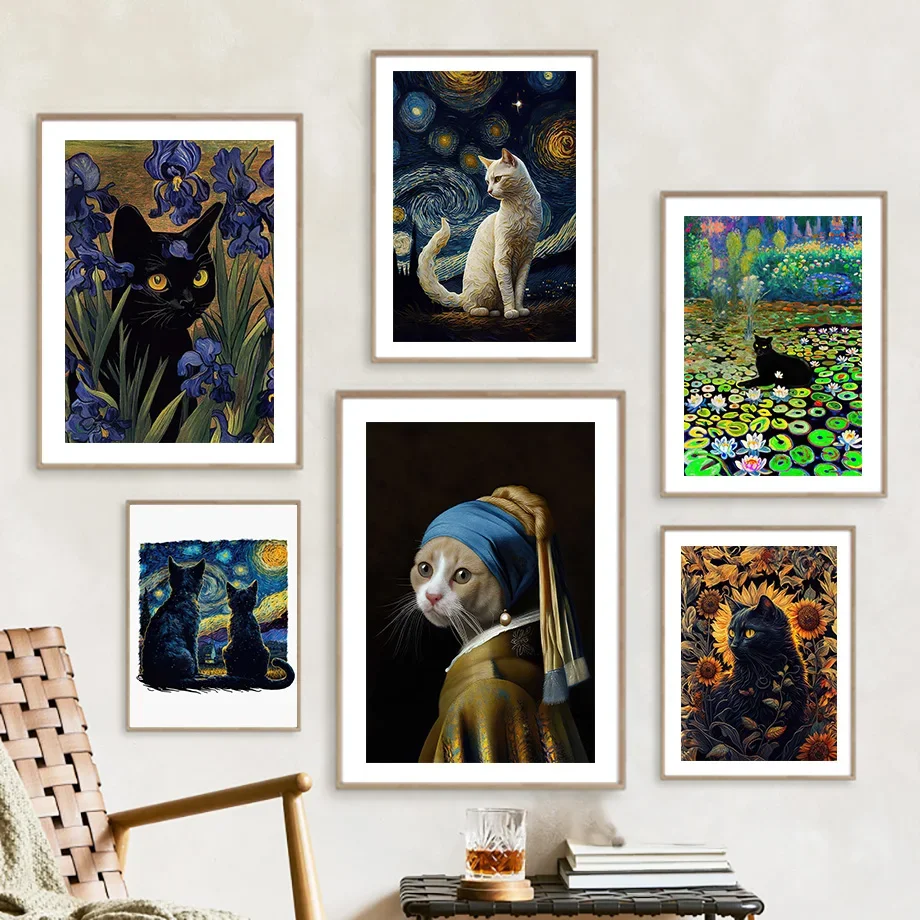 

Van Gogh Starry Night Funny Black Cat Sunflowers Wall Art Canvas Painting Posters And Prints Wall Pictures For Living Room Decor