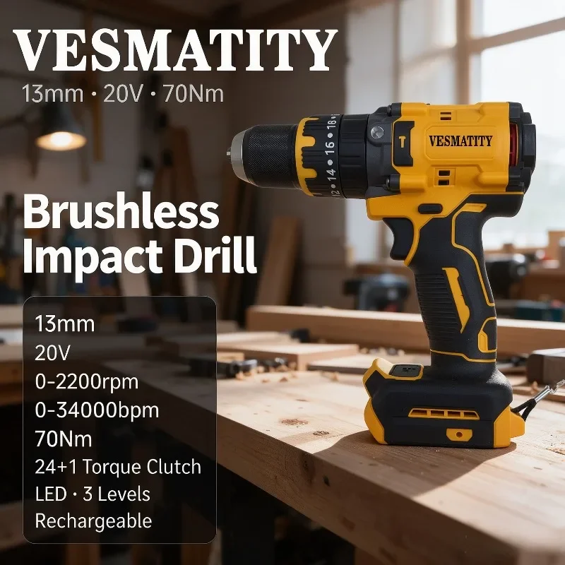 Brushless Impact Drill 13mm Cordless Screwdriver 20V 0-2200rpm 0-34000bpm 70Nm 24+1 Torque Clutch LED 3 Levels Rechargeable