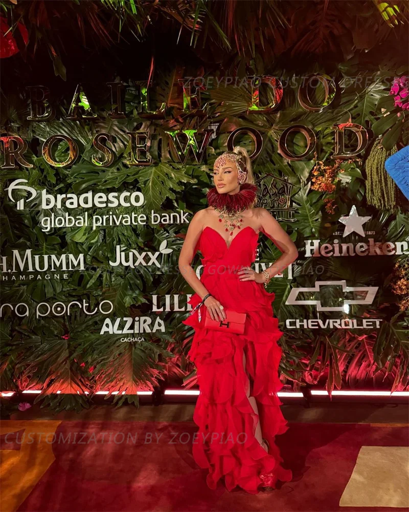 Vestido De gasa con abertura lateral para mujer, traje De Fiesta Formal con volantes, Color Rojo